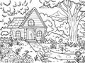 Coloring book, children, house in the forest, yard, lawn and flowers. Raster, generative ai.