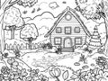 Coloring book, children, house in the forest, yard, lawn and flowers. Raster, generative ai.