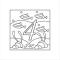 Coloring book for children, numbers. Four. Education and entertainment. Underwater world. Color and count