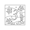 Coloring book for children, numbers. Three. Education and entertainment. Underwater world. Color and count, vector