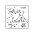 Coloring book for children, numbers. Two. Education and entertainment. Underwater world. Color and count, vector