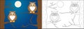 Coloring book for children. Owls on branches of trees at night