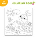 Coloring book for children. Rabbit ballerina watering flowers, Easter, summer