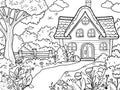 Coloring book, children's, house in the forest, yard, lawn and flowers. Raster, generative ai.