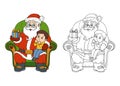 Coloring book for children: Santa Claus gives a gift a little boy