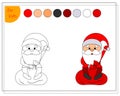 Coloring book for children, Santa is sitting on a bag with gifts. vector isolated on a white background