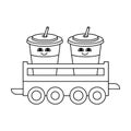 Coloring book for children. A toy train , railway wagon with kawaii cups