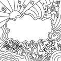 Coloring book cloud frame. Sun, rainbow, stars and flowers sketch vector illustration. Royalty Free Stock Photo