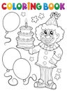 Coloring book clown holding cake Royalty Free Stock Photo