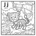 Coloring book, colorless alphabet. Letter J, jaguar