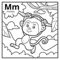 Coloring book, colorless alphabet. Letter M, monkey
