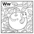 Coloring book, colorless alphabet. Letter W, worm