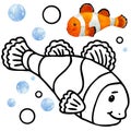 Coloring book coral reef fauna. Cartoon fish illustration for kid Entertainment Royalty Free Stock Photo