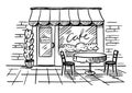 Coloring book. Cozy outdoor cafe in the open air. A table with a chairs. Hand drawn sketch. Vintage style. Black and white vector Royalty Free Stock Photo