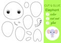 Coloring book cut and glue baby elephant. Educational paper game for preschool children. Cut and Paste Worksheet. Color, cut parts