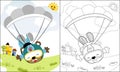 Coloring book of cute bear cartoon skydiving on blue sky background Royalty Free Stock Photo