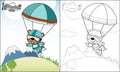 Coloring book of cute bear skydiving on mountains background