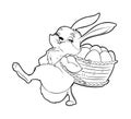 Coloring book Cute Easter bunny carries behind a basket with painted Easter eggs. Vector illustration in flat cartoon