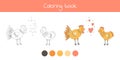 Coloring book with cute farm animals rooster and chicken. For kids kindergarten, preschool and school age.