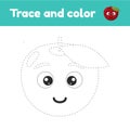 Coloring book with cute fruit apple. For kids kindergarten, preschool and school age. Trace worksheet. Development of fine motor