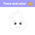 Coloring book with cute fruit a pear. For kids kindergarten, preschool and school age. Trace worksheet. Development of