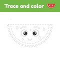 Coloring book with cute fruit a watermelon. For kids kindergarten, preschool and school age. Trace worksheet. Development of fine