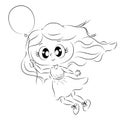 Coloring book ,cute girl with balloon beautiful Outline illustration isolated on white background. one line Royalty Free Stock Photo