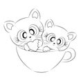 Coloring book with cute kittens in a cup Outline illustration isolated on white background. one line. Coloring book Royalty Free Stock Photo