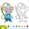 Coloring book, Cute little mouse and bell flower Royalty Free Stock Photo