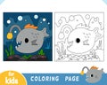 Coloring book, Cute monkfish and underwater cave background