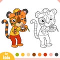Coloring book, Cute tiger with a magnifier looks at a flower