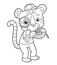 Coloring book, Cute tiger with a magnifier looks at a flower