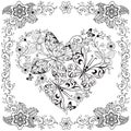 Coloring book Decorative heart of flowers and butterflies in floral frame.Vector illustration.