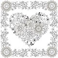 Coloring book Decorative heart of flowers and butterflies in floral frame.Vector illustration.