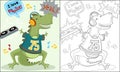 Coloring book of dinosaur cartoon with headphone dancing, DJ music element illustration