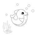Coloring book Dolphin with shells, bubbles and algae in the ocean. For posters, prints on clothes. Royalty Free Stock Photo