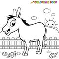 Donkey at the farm. Vector black and white coloring page