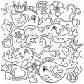 Coloring book, Doodles Birds. flowers hearts Abstract shapes, Hand drawn Vector illustartions on white