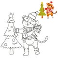 Coloring book with an example for children where a tiger decorates a Christmas tree. Amur tiger in a red hat and scarf