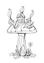 Coloring book with fairy town - houses on mushroom. Vector illustration