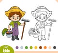 Coloring book, Farmer boy with rake and bucket