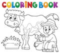 Coloring book farmer milking cow