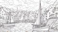 Harbour Coloring Page: Boats, Houses, And Detailed Skies In French Landscape Style