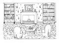 Coloring book with a fireplace in the room, home library, chairs, carpet, interior items