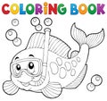 Coloring book fish snorkel diver