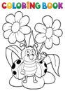 Coloring book flower and happy ladybug 1