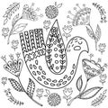 Coloring book fol adults. Folk set vector blask and whit illustration with beautiful birds and flowers. Scandinavian