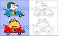 Coloring book of fox and cow cartoon riding racing car