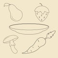 Coloring book with fruits, vegetables. Set of line icons, strawberry, pear, mushroom, carrot, plate Royalty Free Stock Photo