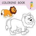 Coloring book with fun character Lion. Colorless and color samples wild cat on coloring page for kids. Coloring design Royalty Free Stock Photo